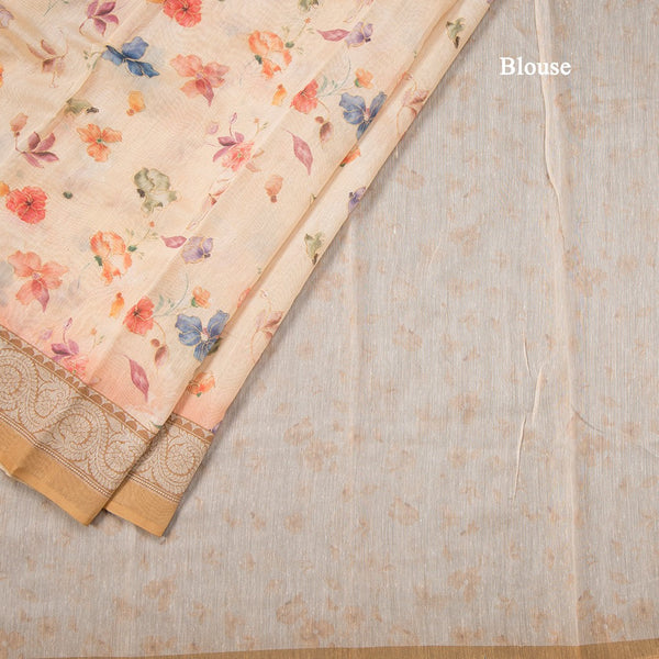 Semi Linen Cream Floral Printed Saree 05