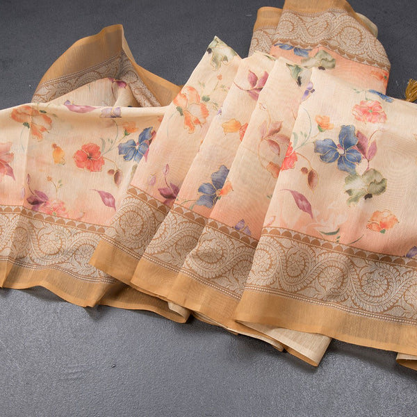 Semi Linen Cream Floral Printed Saree 05