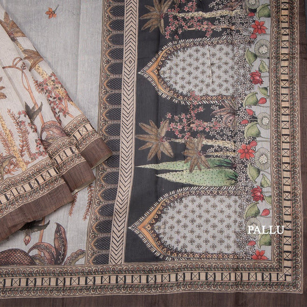 Semi Linen Fossil Grey Printed Saree