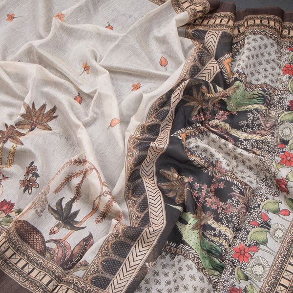 Semi Linen Fossil Grey Printed Saree