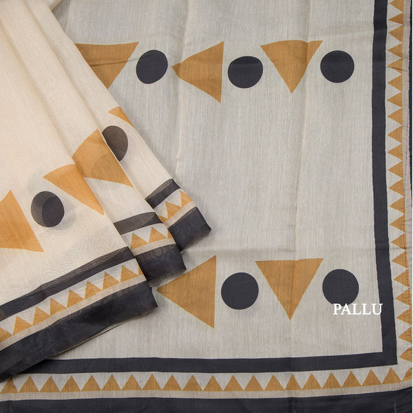 Semi Linen Cream Geometric Printed Saree