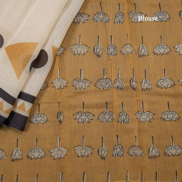 Semi Linen Cream Geometric Printed Saree