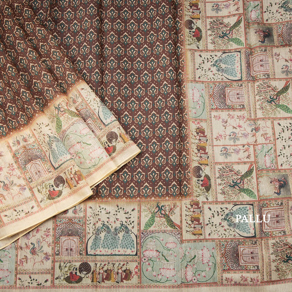 Semi Linen Chocolate Brown Printed Saree