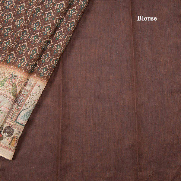 Semi Linen Chocolate Brown Printed Saree