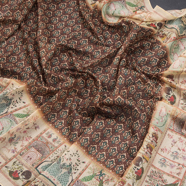 Semi Linen Chocolate Brown Printed Saree
