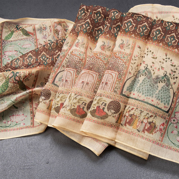 Semi Linen Chocolate Brown Printed Saree