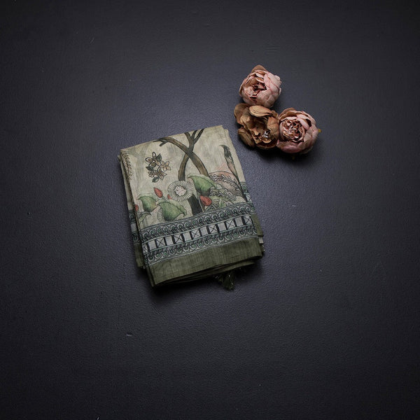 Semi Linen Pista Green Printed Saree