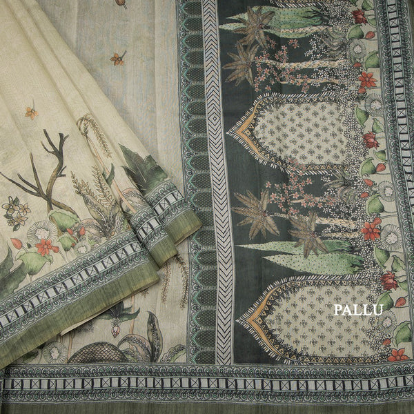 Semi Linen Pista Green Printed Saree