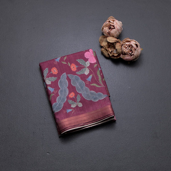 Tussar Dark Pink Floral Printed Saree 02