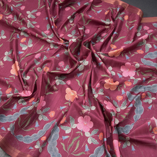Tussar Dark Pink Floral Printed Saree 02