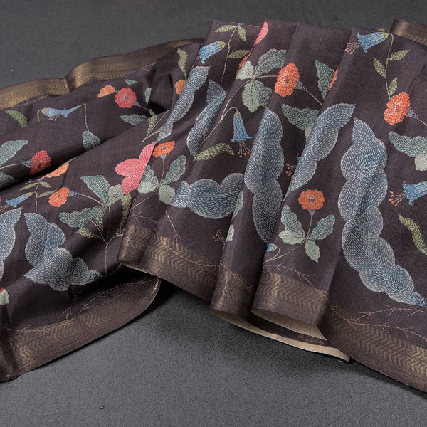 Tussar Black Floral Printed Saree