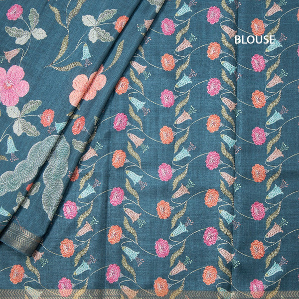 Tussar Teal Blue Floral Printed Saree