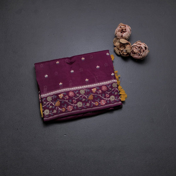 Raw Silk Dark Violet With Zari Buttas And Floral Border