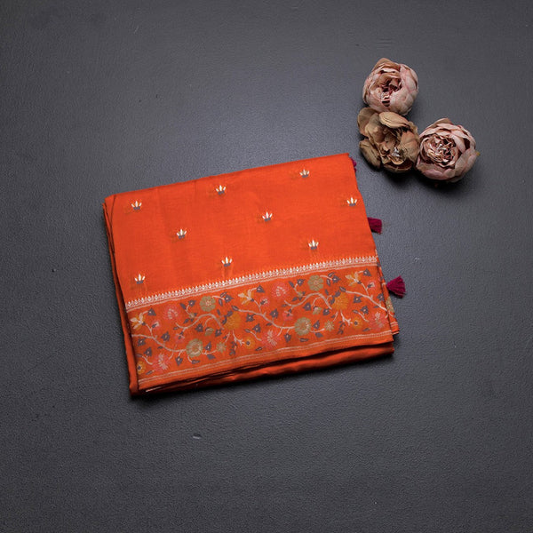 Raw Silk Orange With Zari Buttas And Floral Border