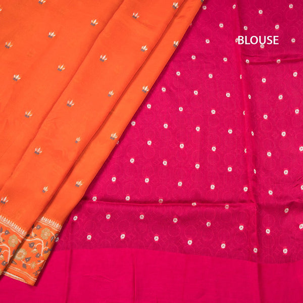 Raw Silk Orange With Zari Buttas And Floral Border