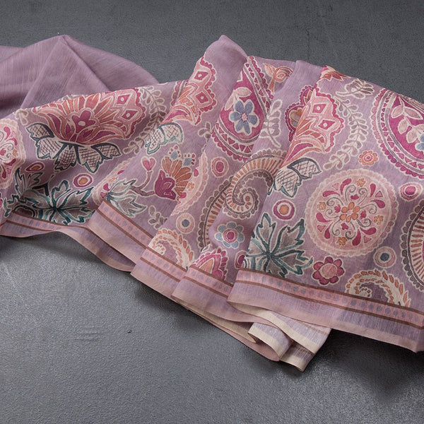 Semi Linen Light Plum Purple Printed Saree