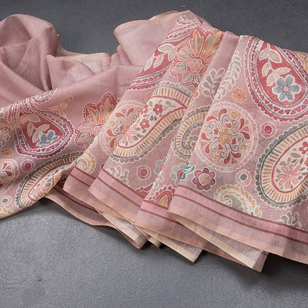 Semi Linen Light Brown Printed Saree