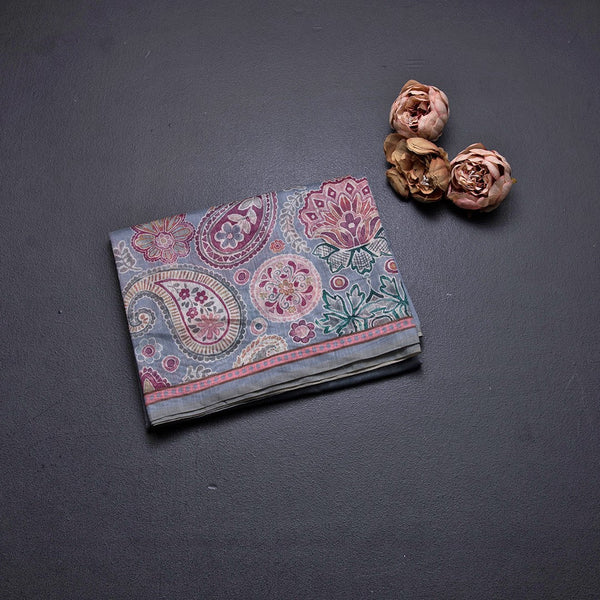 Semi Linen Greyish Blue Printed Saree