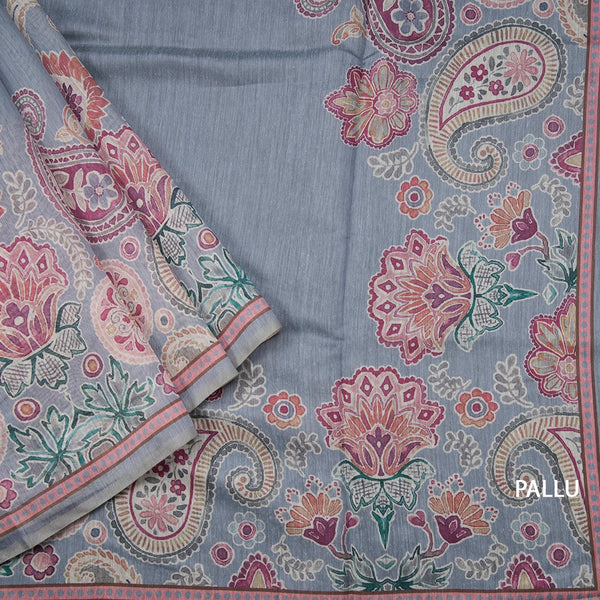 Semi Linen Greyish Blue Printed Saree