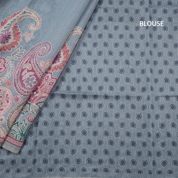 Semi Linen Greyish Blue Printed Saree