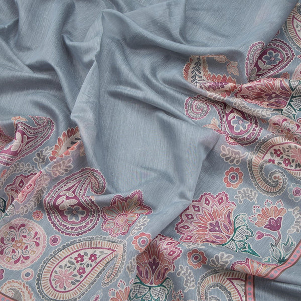 Semi Linen Greyish Blue Printed Saree