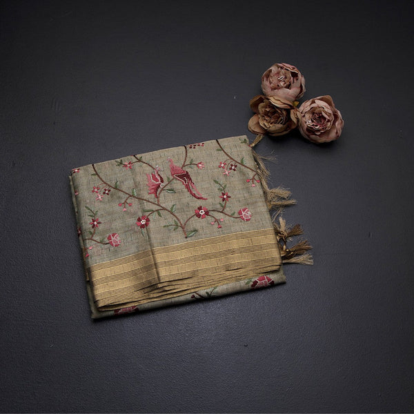 Semi Linen Green Floral Thread Work Saree 02