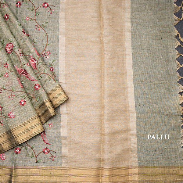 Semi Linen Green Floral Thread Work Saree 02