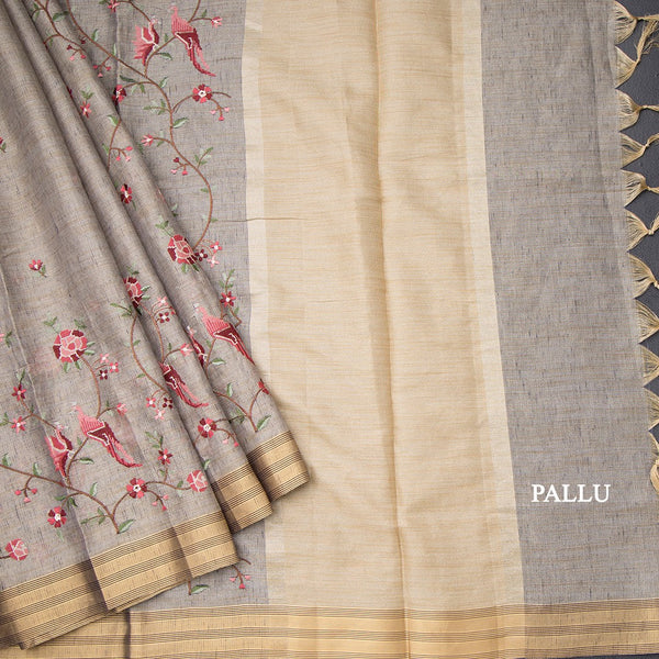 Semi Linen Grey Floral Thread Work Saree 02