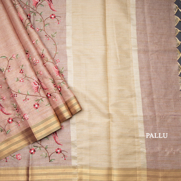 Semi Linen Light Brown Floral Thread Work Saree