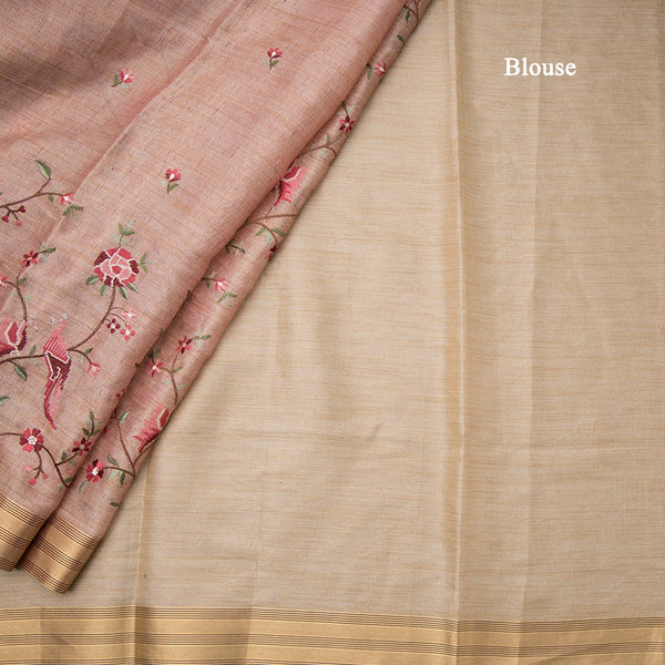 Semi Linen Light Brown Floral Thread Work Saree