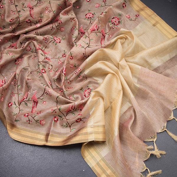Semi Linen Light Brown Floral Thread Work Saree
