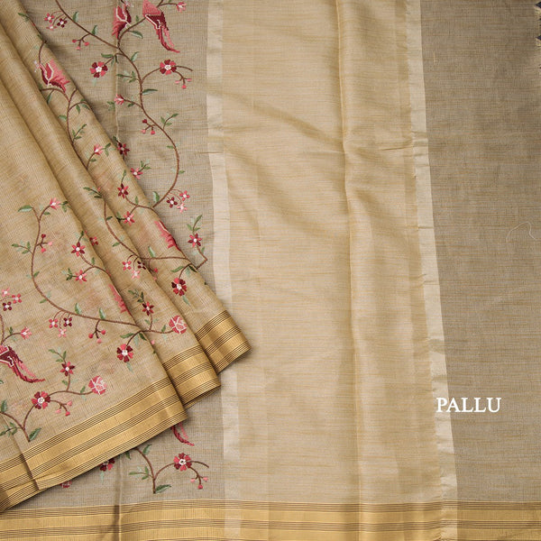 Semi Linen Cream Floral Thread Work Saree