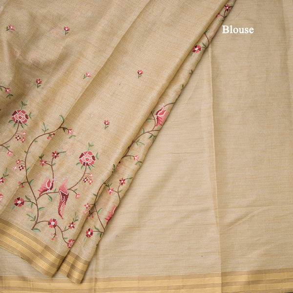 Semi Linen Cream Floral Thread Work Saree