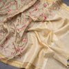 Semi Linen Cream Floral Thread Work Saree