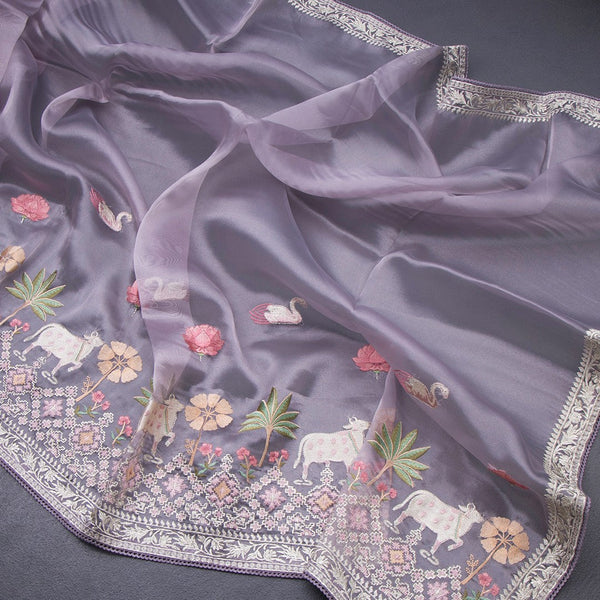 Organza Lavender Traditional Thread Work Saree