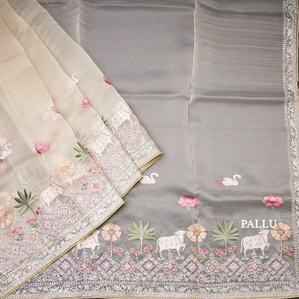 Organza Cream Traditional Thread Work Saree