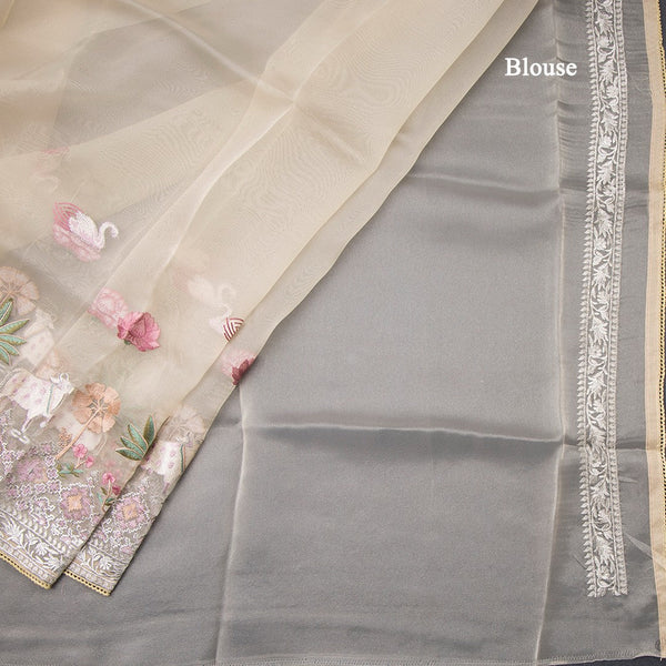 Organza Cream Traditional Thread Work Saree