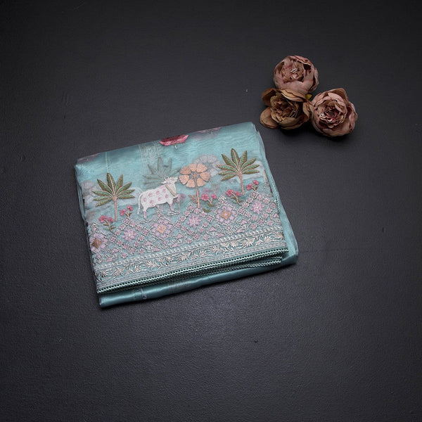 Organza Turquoise Blue Traditional Thread Work Saree