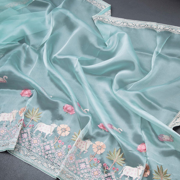 Organza Turquoise Blue Traditional Thread Work Saree