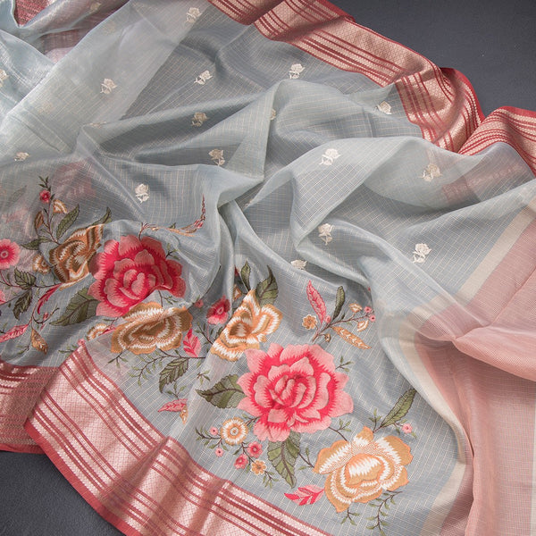 Kota Sky Blue Stylish Thread Work Saree With Zari Border