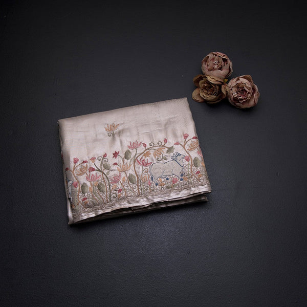 Fancy Silk Cream Traditional Thread Work Saree