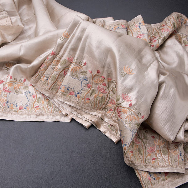 Fancy Silk Cream Traditional Thread Work Saree
