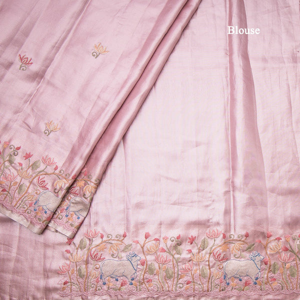 Fancy Silk Rose Pink Traditional Thread Work Saree