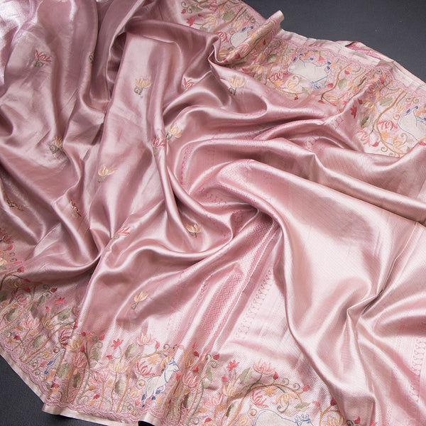 Fancy Silk Rose Pink Traditional Thread Work Saree