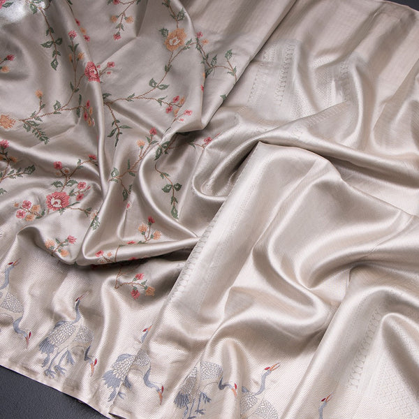 Fancy Silk Cream Traditional Thread Work Saree 02