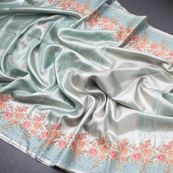 Fancy Silk Turquoise Stylish Thread Work Saree