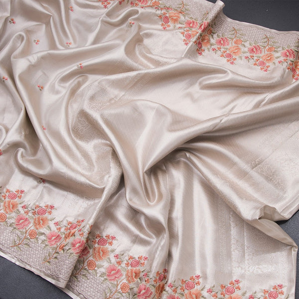 Fancy Silk Cream Stylish Thread Work Saree