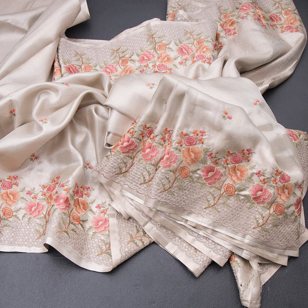 Fancy Silk Cream Stylish Thread Work Saree