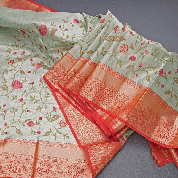 Fancy Silk Green Stylish Thread Work Saree With Zari Border