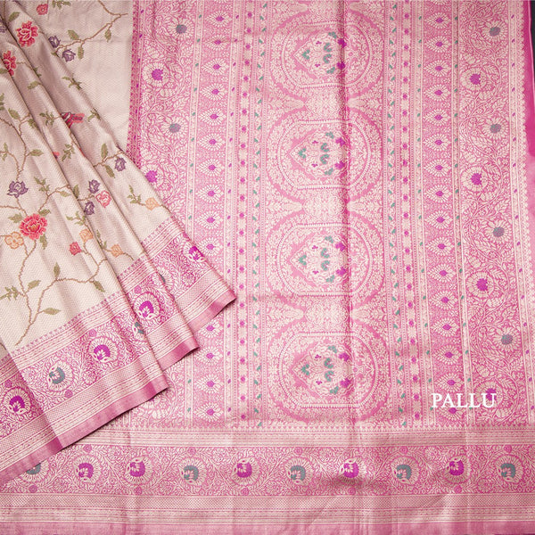 Fancy Silk Light Brown Stylish Thread Work Saree With Zari Border